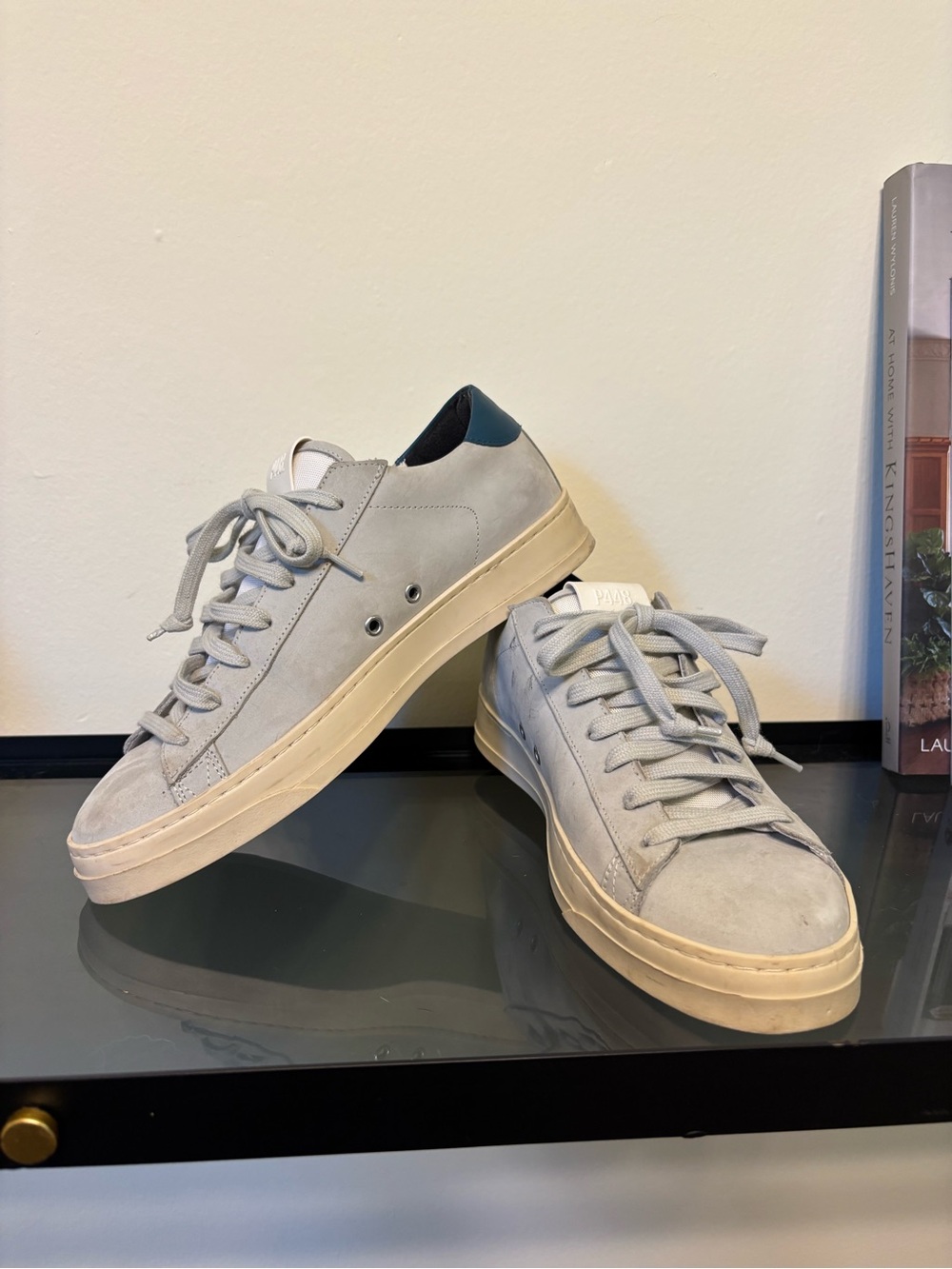 P448 Light Gray Suede Low-Top Sneakers with Navy Heel Tab
